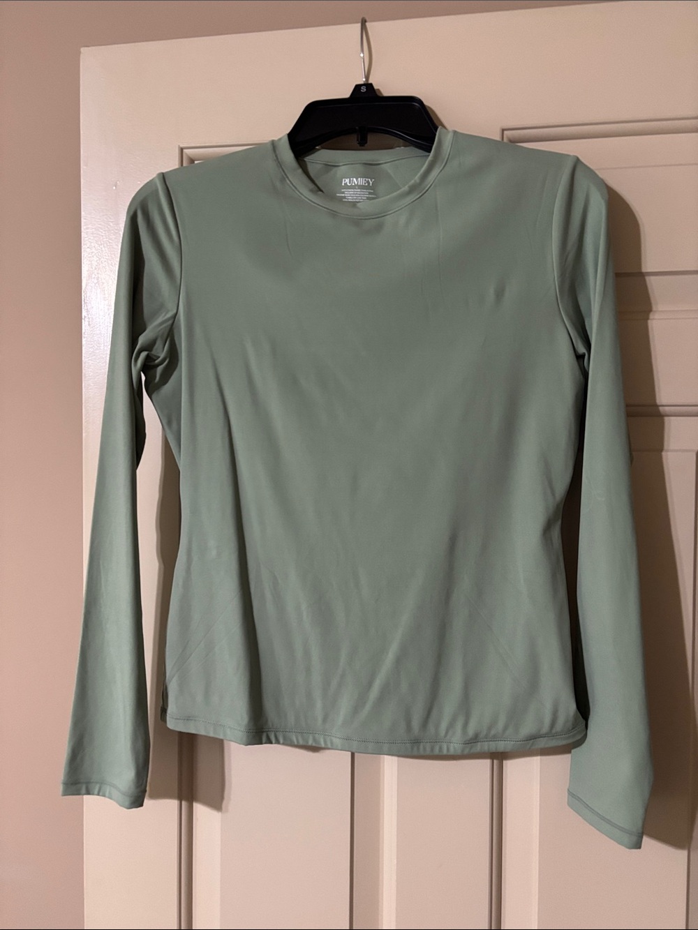Pumiey Sage Green Long Sleeve Crew Neck Top